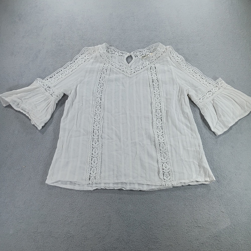 Available by Angela Fashion Womens Blouse White M Crochet Lace Bell Sleeve